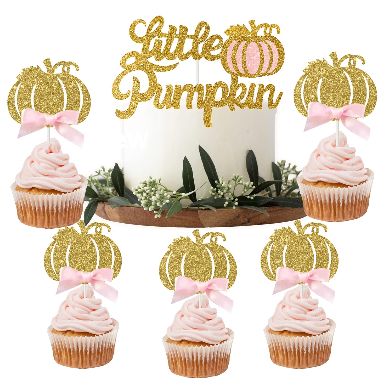 Bestus Little Pink Pumpkin Cake Topper Set, 25pcs, Glitter Cardboard, Gold & Pink for Birthday, Baby Shower, Halloween, Thanksgiving
