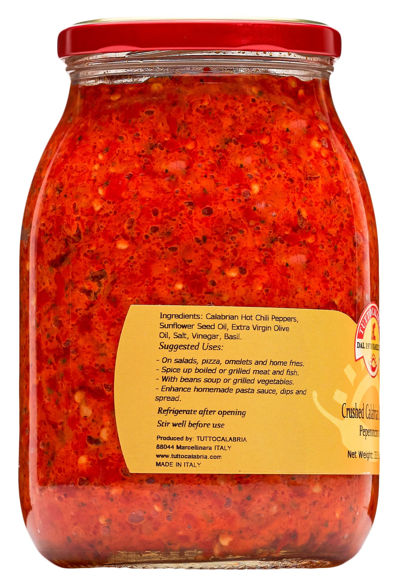 Tuttocalabria Crushed Calabrian Chili Pepper, Paste/Spread, 33.5 Oz Club Pack Size, All Natural, Non-Gmo, Product Of Italy, Glass