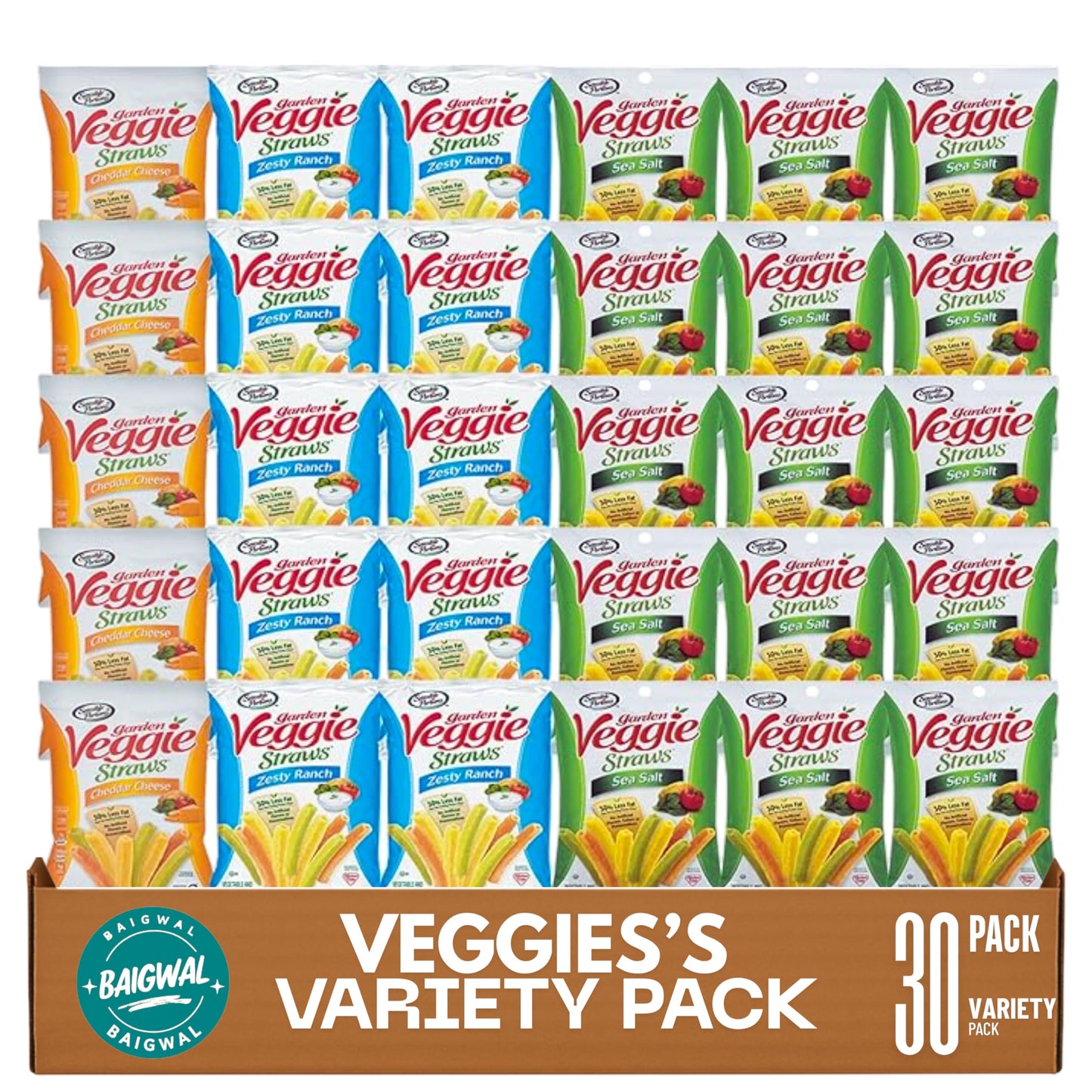 Veggies-Straw Variety Pack - Assortment of Garden Sea Salt, Cheddar Cheese and Zesty Ranch Snack Size - Care Package Gift Box G