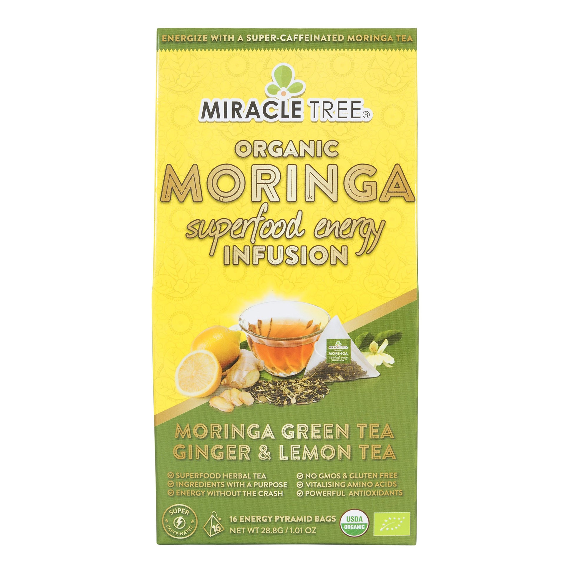 Miracle Tree Moringa Energy Tea - Green Tea with Ginger & Lemon, Organic Certified, 16 Pyramid Sachets