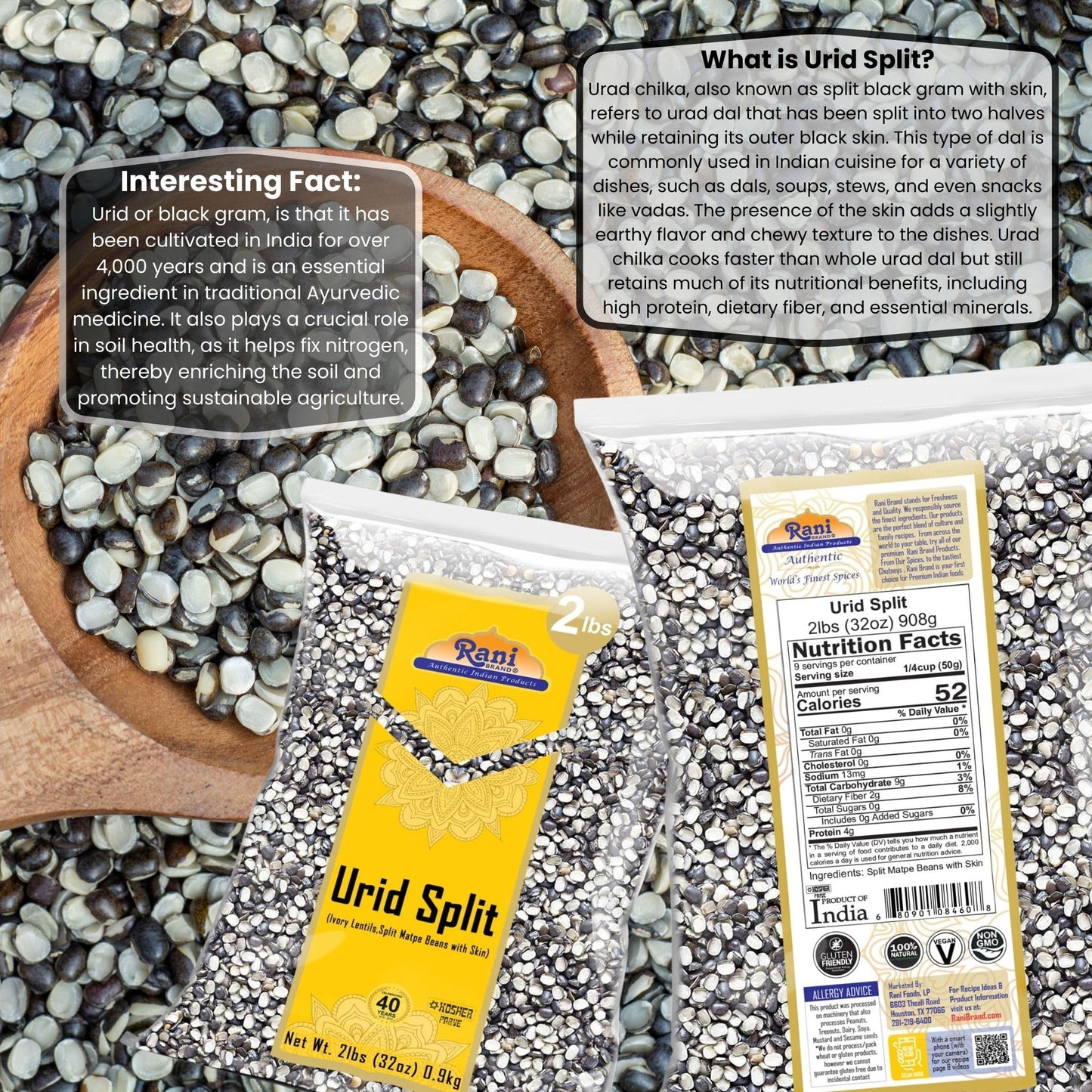 Rani Urid/Urad Split Chilka (Split Matpe Beans With Skin) Indian Lentils 32Oz (2Lbs) 908G ~ All Natural | Gluten Friendly | Non-