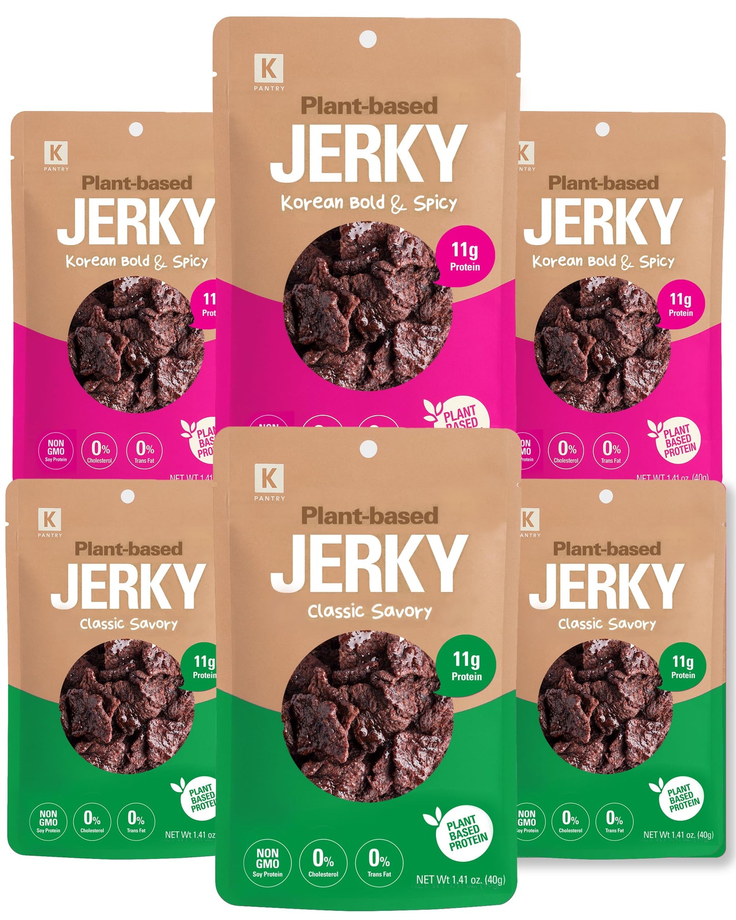 KPANTRY Vegan Jerky - Korean Classic & Bold & Spicy, Plant-Based, 1.35oz (Pack of 6), Non-GMO, Low-Fat, 150 Calories per