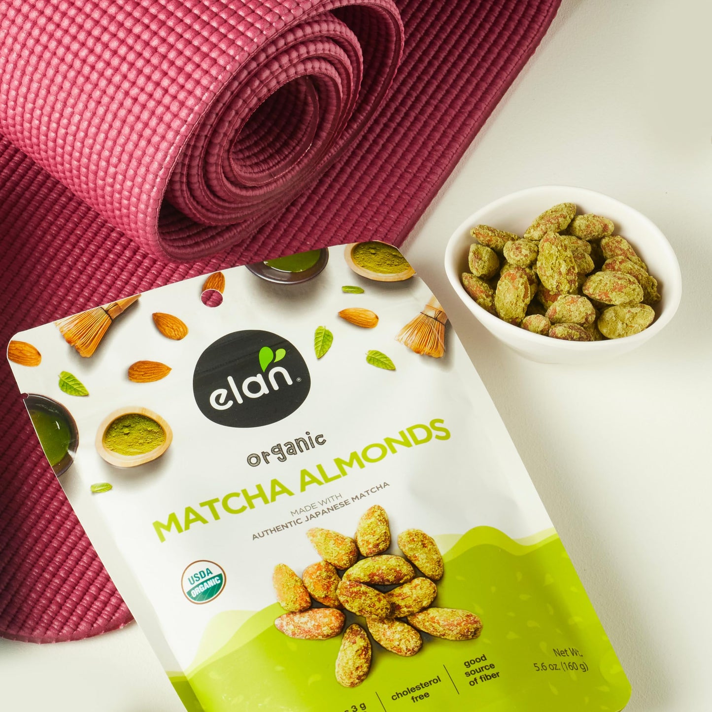 Elan Organic Matcha Almonds  5.6 oz  Non-GMO  Gluten-Free  Vegan  Kosher  Superfood Infused Nuts (Roasted Almonds  Coconut  Matcha Green Tea Powder)  Source of Antioxidants (Vitamin A)