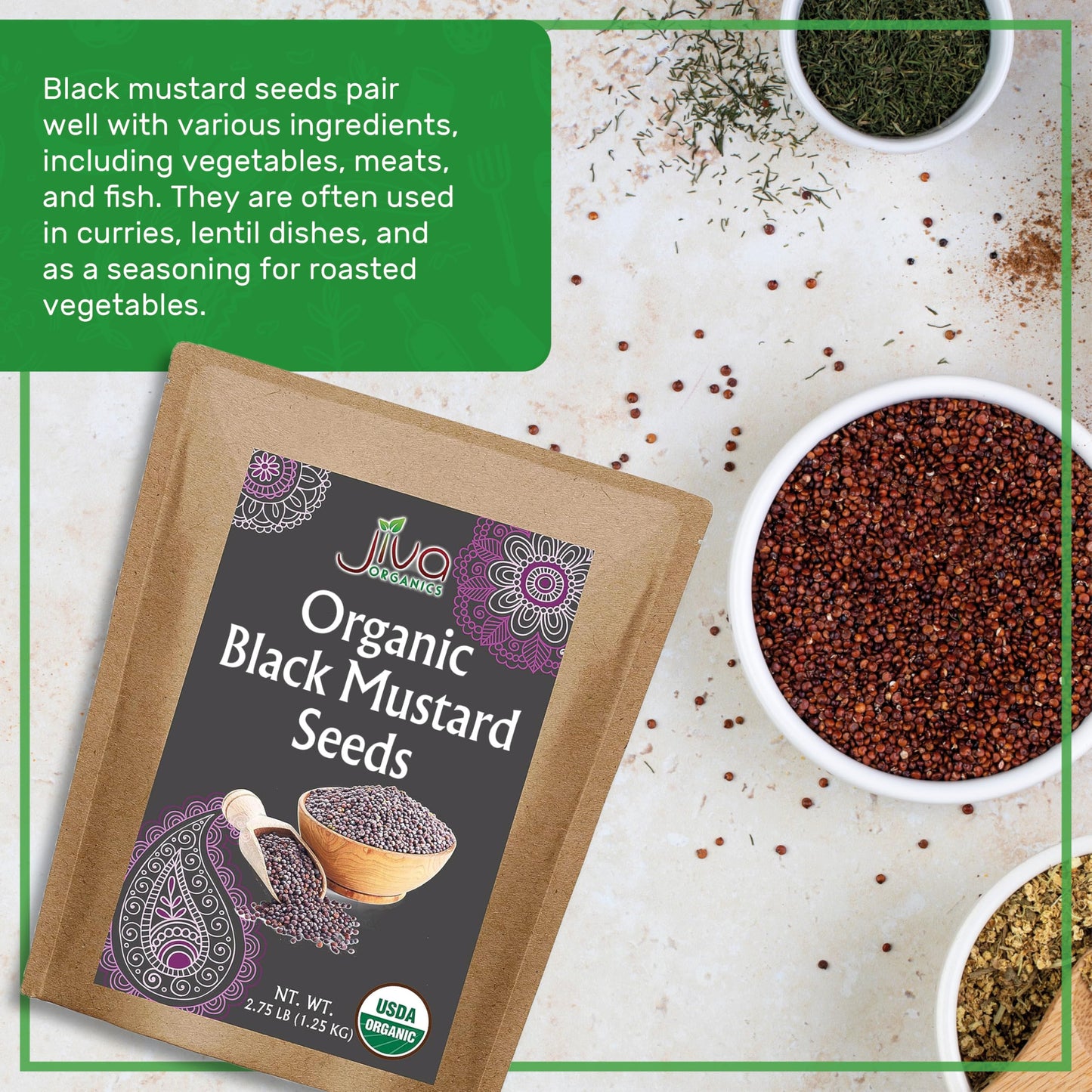 Jiva Organic Black Mustard Seeds Whole 2.75 Pound Bulk Bag - Non-GMO Keto Friendly, Non-Irradiated