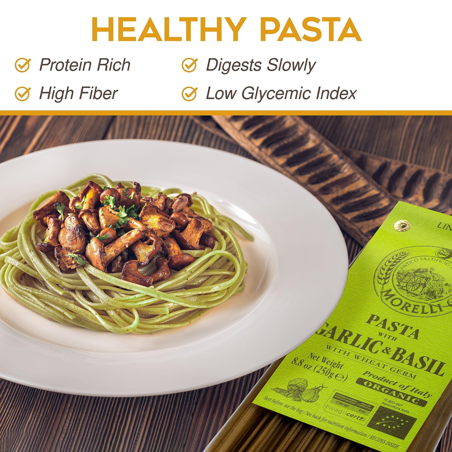 MORELLI Organic Garlic and Basil Linguine Pasta - 8.8oz (Pack of 2) - Italian Basil Green - Handmade Duspirit-inspired flavor Wheat Semolina