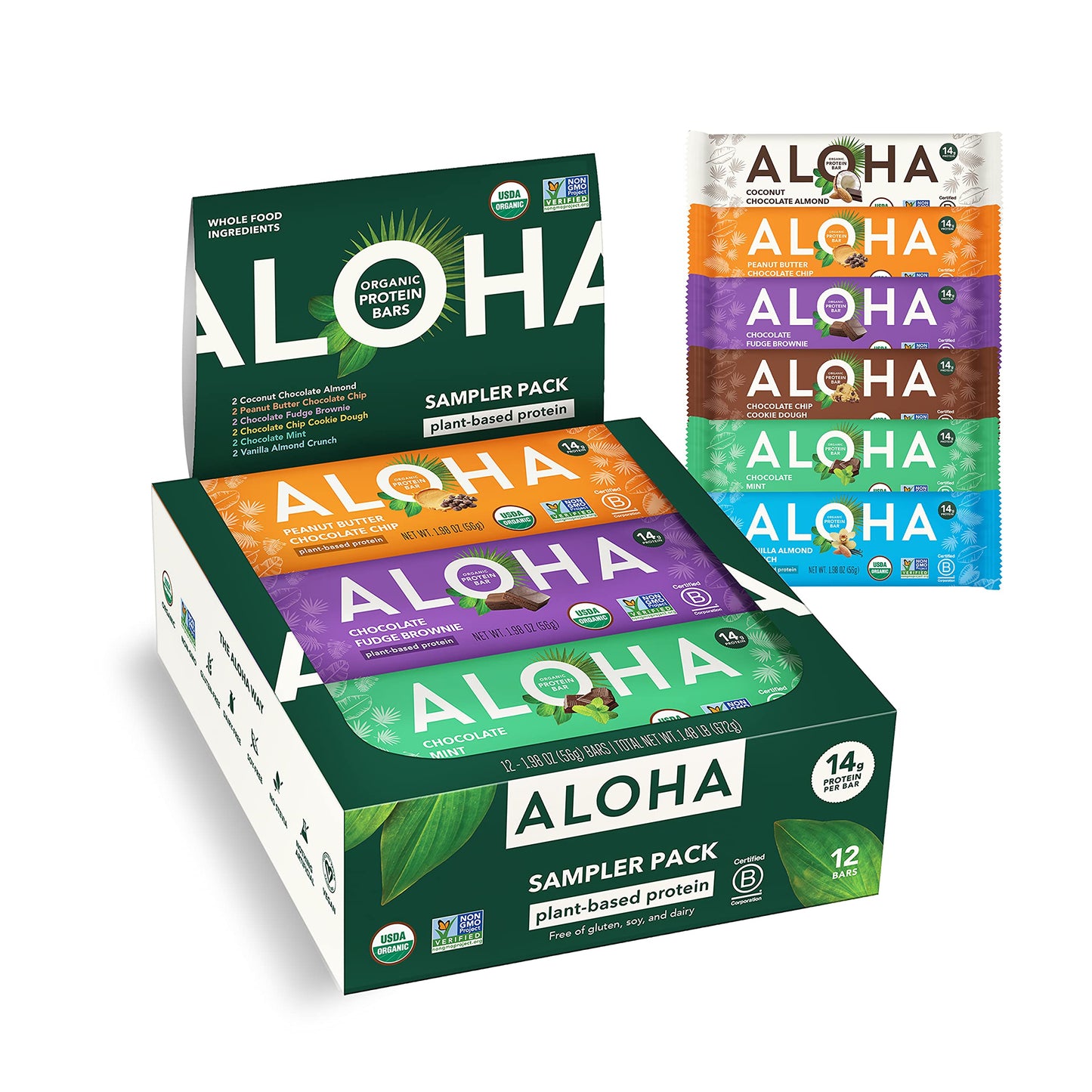 ALOHA Organic Plant Based Protein Bars - Vegan, Gluten-Free, Low Sugar, 12 Count, 1.9oz, Variety Pack, Green