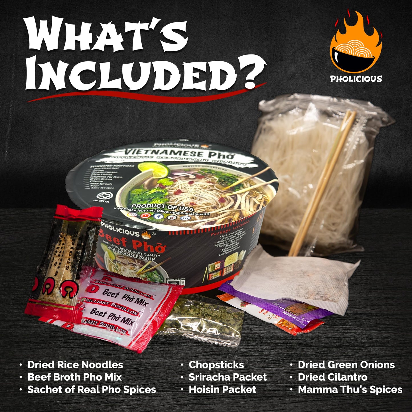 Pholicious Instant Beef Pho, Authentic Vietnamese Rice Noodle Soup Kit With Spices & Broth Mix, Ramen Noodles Alternative, Quick