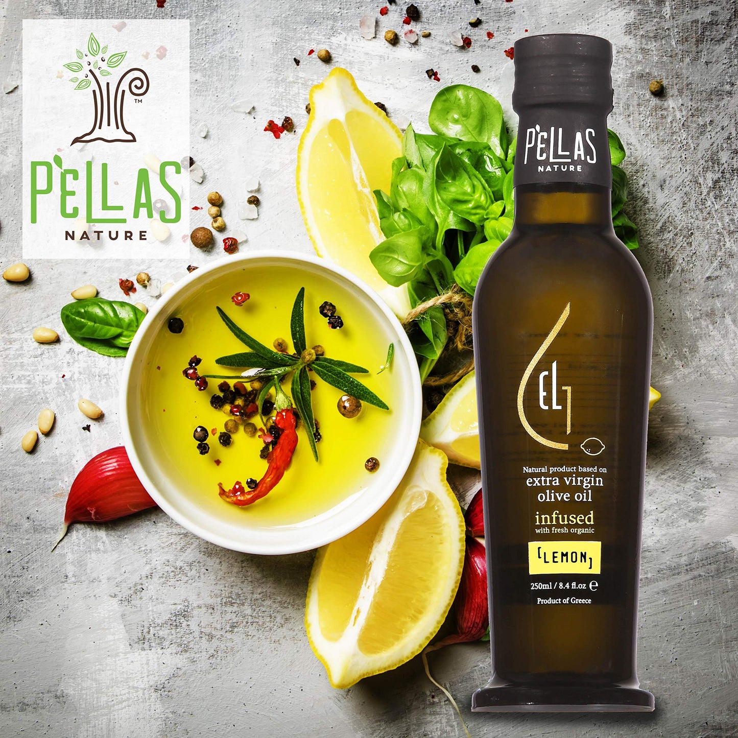 Pellas Nature Lemon Infused Greek Extra Virgin Olive Oil, 8.5 oz Glass Bottle, Kosher, Gold Award Winner