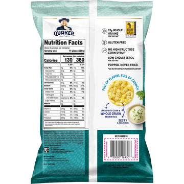Quaker Popped Rice Crips, Gluten Free, Ranch, Small Bag, 3.03 Ounce