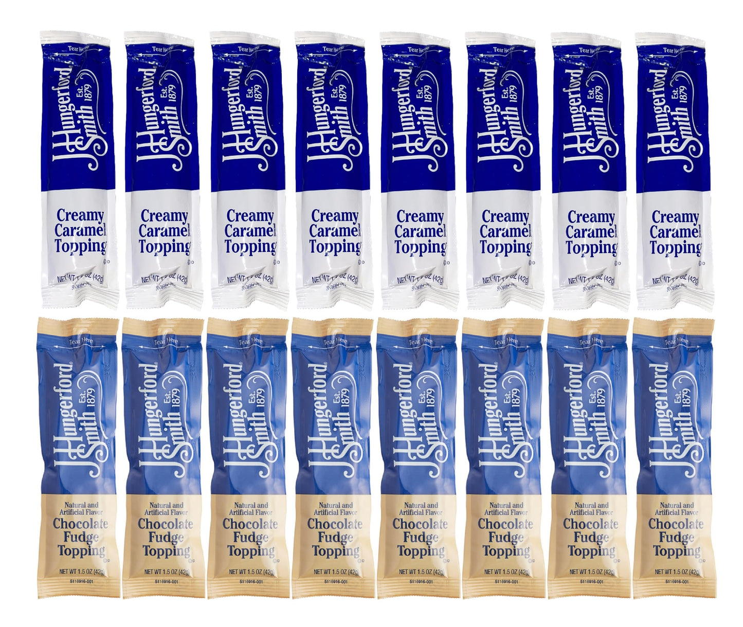J Hungerford Smith Caramel & Chocolate Fudge Portion Control Packets 1.5 oz | Made in America | 16 Pack