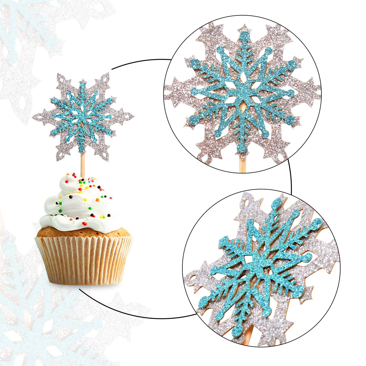 Ercadio 24 Pack Snowflake Cupcake Toppers Double Layers Silver And Blue Winter Theme Cupcake Picks Baby Shower Kids Birthday Party Christmas Cake Decorations Supplies