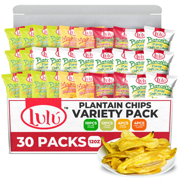 LULU Plantain Chips Variety Pack - 30 Individual Bags - 12 Lemon, 10 Lightly Salted, 4 Chili & 4 Sweet Flavors - Crunchy, No Pre