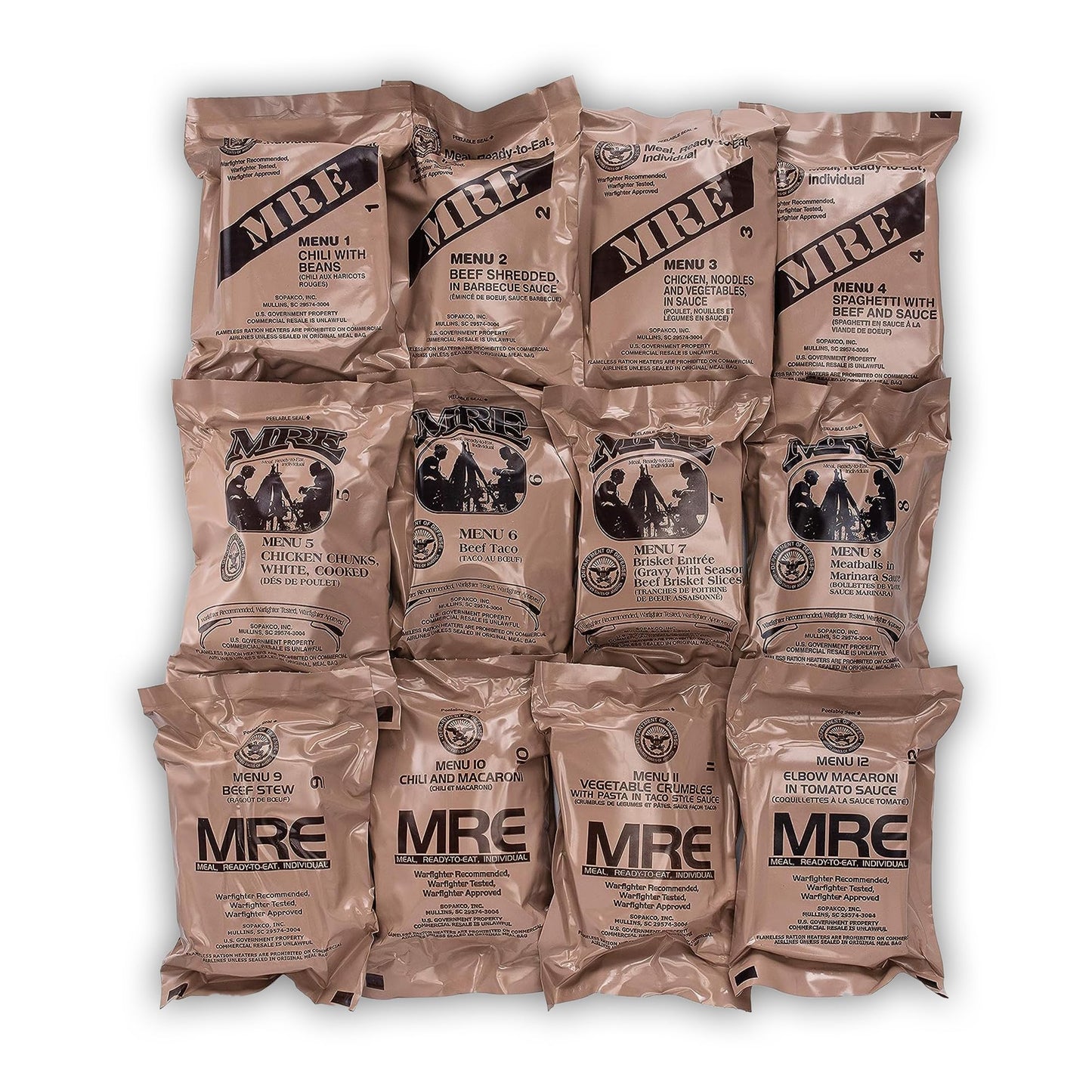 Sopakco 12Ct Us Military Surplus Mre Meals Ready To Eat 2026 Inspect A Case Menus 1-12