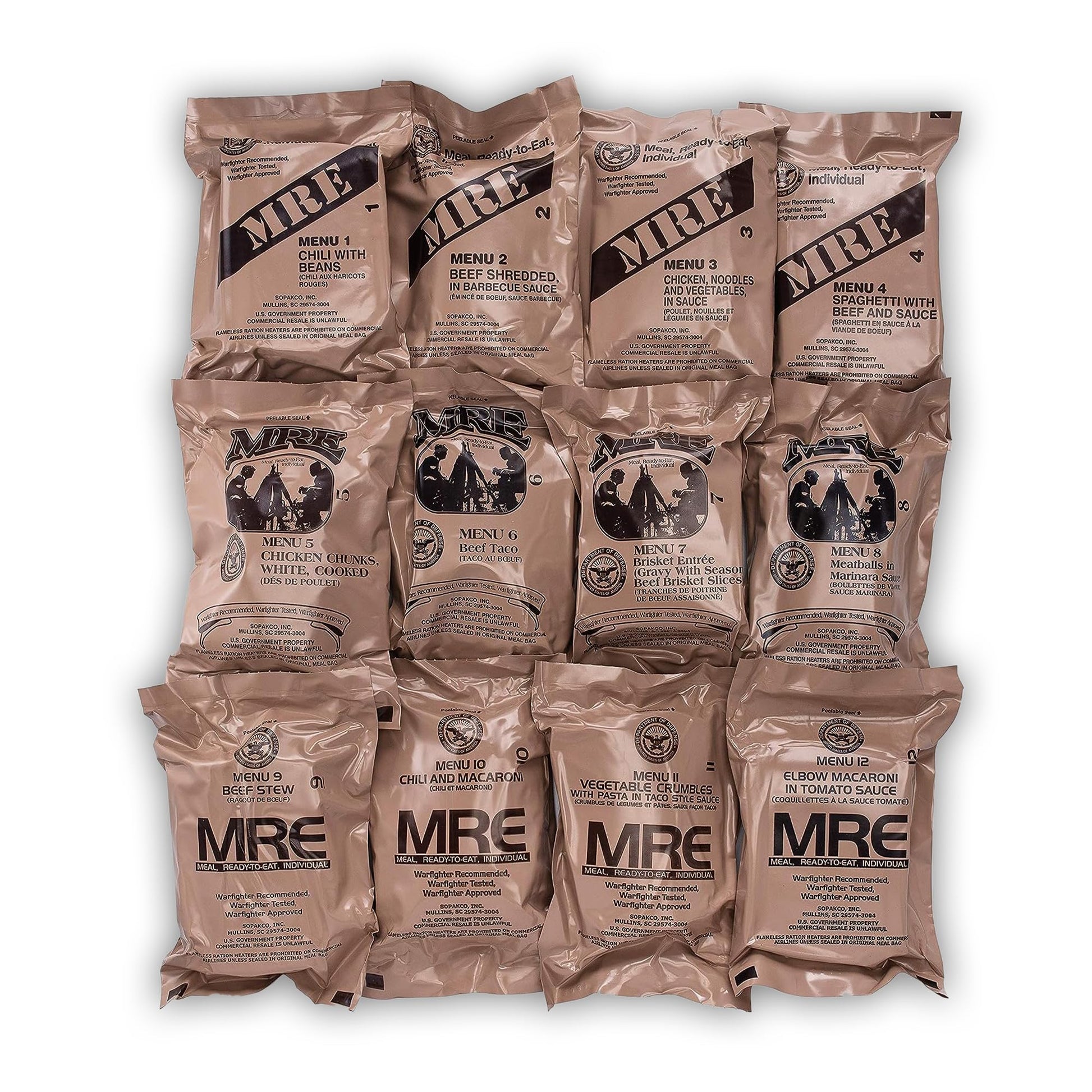 Sopakco 12Ct Us Military Surplus Mre Meals Ready To Eat 2026 Inspect A Case Menus 1-12
