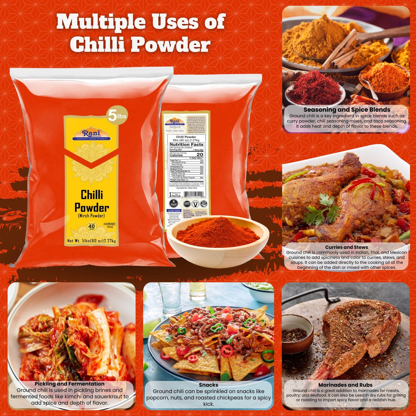 Rani Chilli Powder (Mirchi) Ground Indian Spice 80Oz (5Lbs) 2.27Kg Bulk ~ All Natural | Salt-Free | Vegan | No Colors | Gluten F