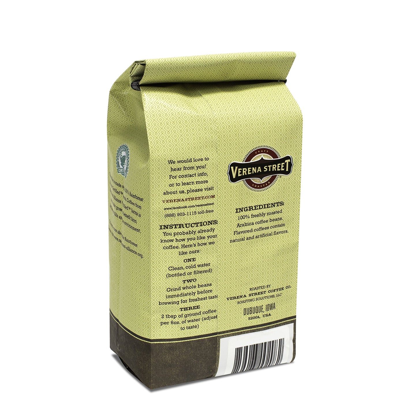 Verena Street Ground Coffee, Swiss Water Process Decaf, Medium Roast, 11 Ounce Pack, Rainforest Alliance Certified