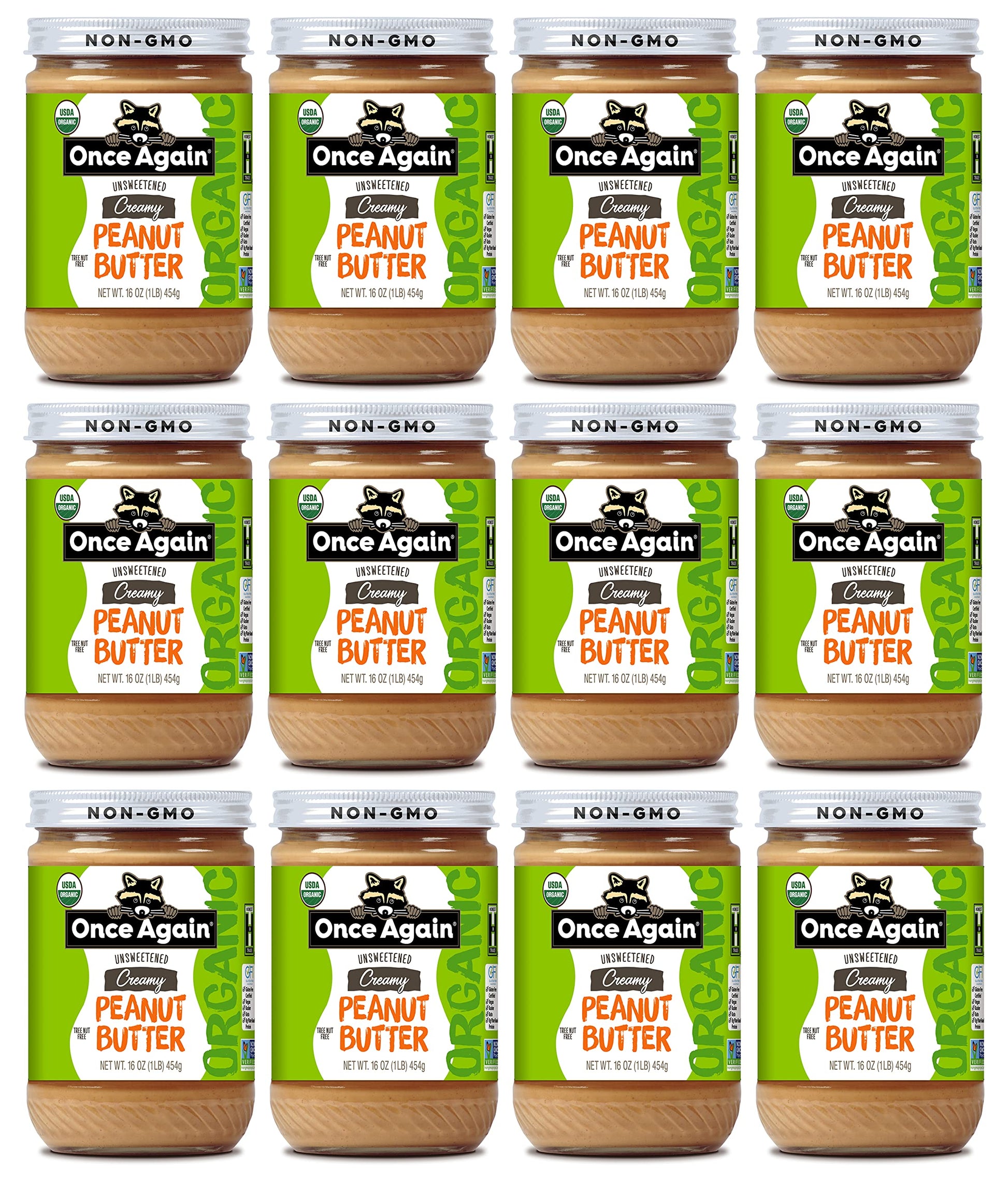 Once Again Organic Creamy Peanut Butter, 16Oz - Lightly Salted, Unsweetened - Usda Organic, Gluten Free Certified, Vegan, Kosher - Glass Jar - Case Of 12