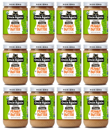Once Again Organic Creamy Peanut Butter, 16Oz - Lightly Salted, Unsweetened - Usda Organic, Gluten Free Certified, Vegan, Kosher - Glass Jar - Case Of 12