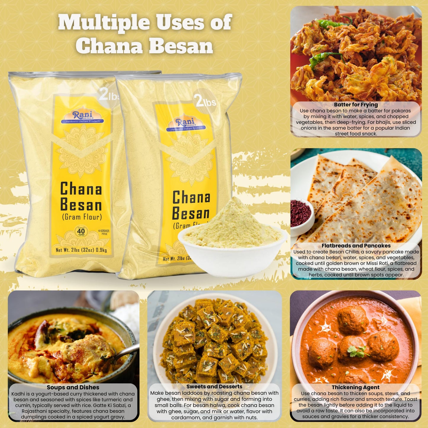 Rani Chana Besan (Chickpeas Flour, Gram) 32Oz (2Lbs) 908G ~ All Natural | Vegan | Gluten Friendly | Non-Gmo | Indian Origin