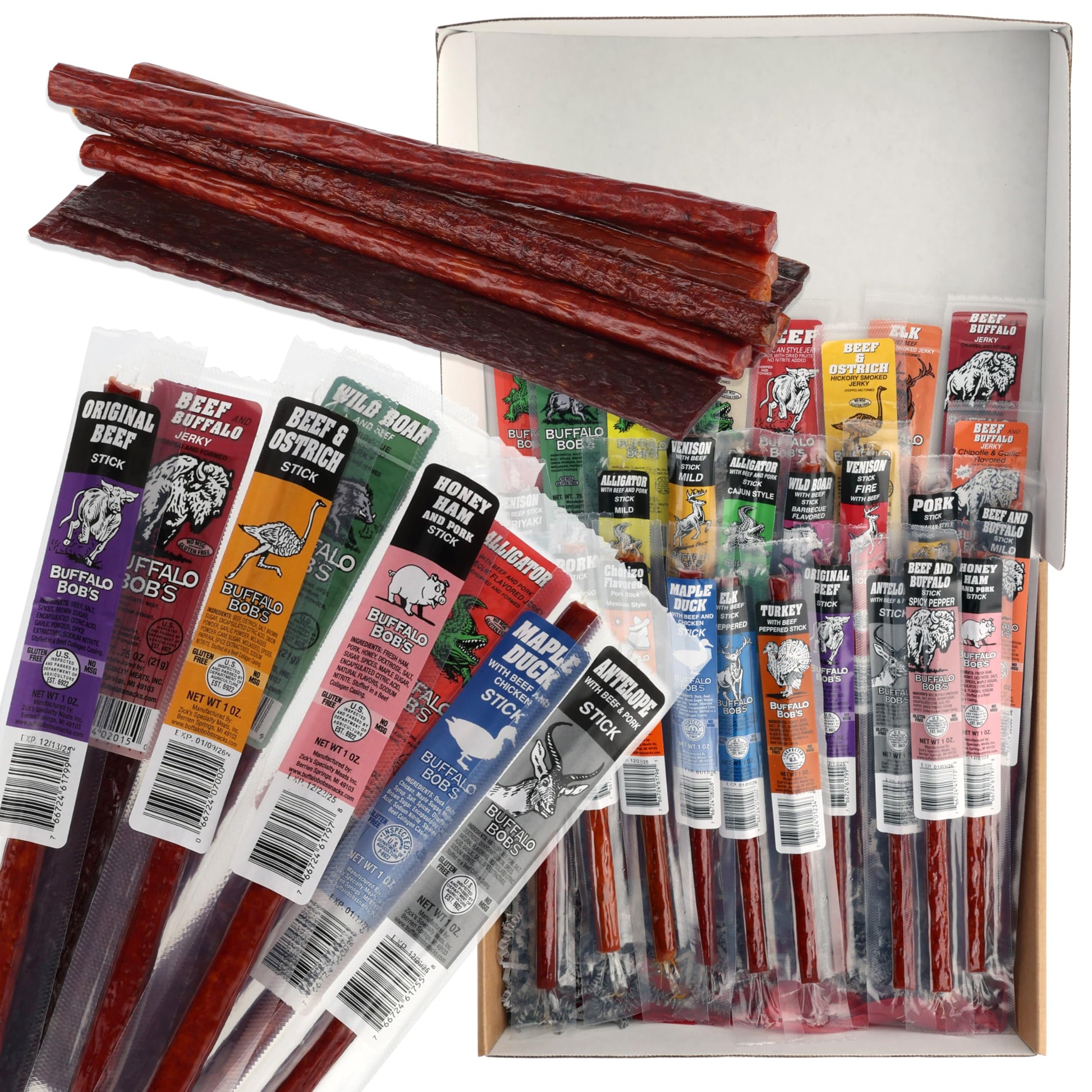 Jerky Dynasty The Ultimate 27-Piece Exotic Jerky with Gift Box - Buffalo Bob's Wild Game Jerky Variety Pack - Exclusive Flavors,