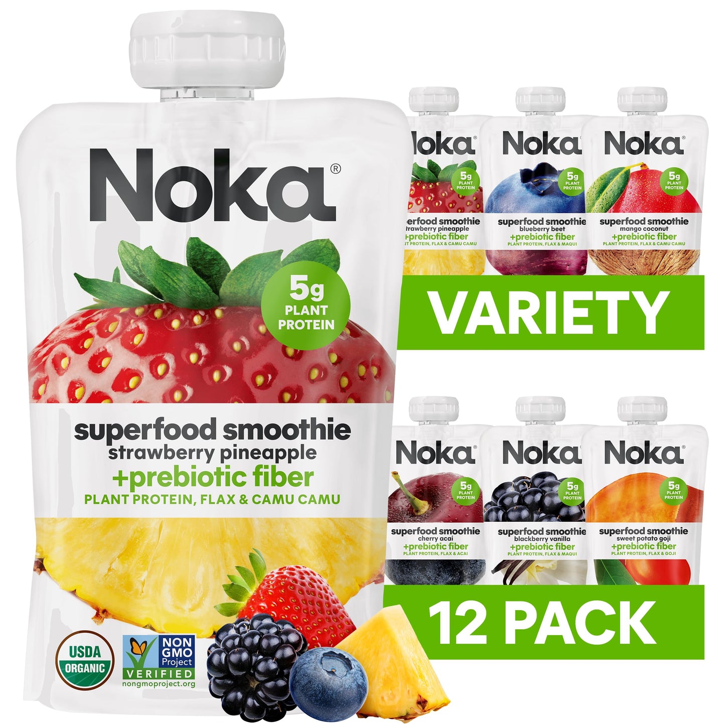 Noka Superfood Fruit Smoothie Pouches Variety Pack, Healthy Snacks With Flax Seed, Plant Protein And Prebiotic Fiber, Vegan And 