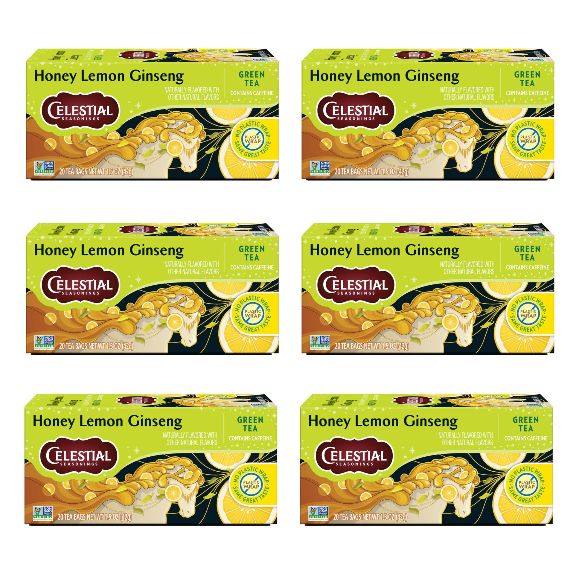 Celestial Seasonings Honey Lemon Ginseng Green Tea, Caffeinated, 20 Bags, Pack of 6