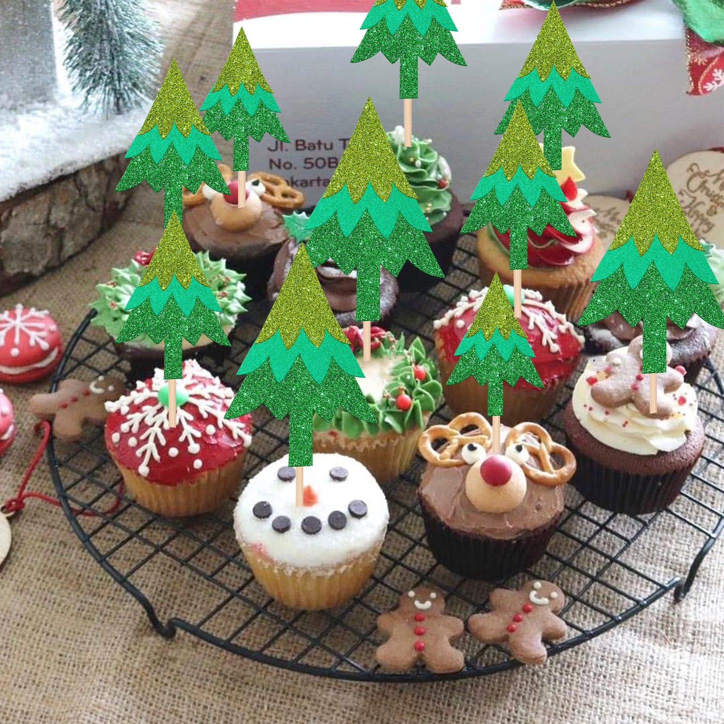 24 Pcs Merry Christmas Tree Cupcake Toppers Glitter Christmas Tree Cupcake Picks For Merry Christmas Theme Xmas New Year Holiday