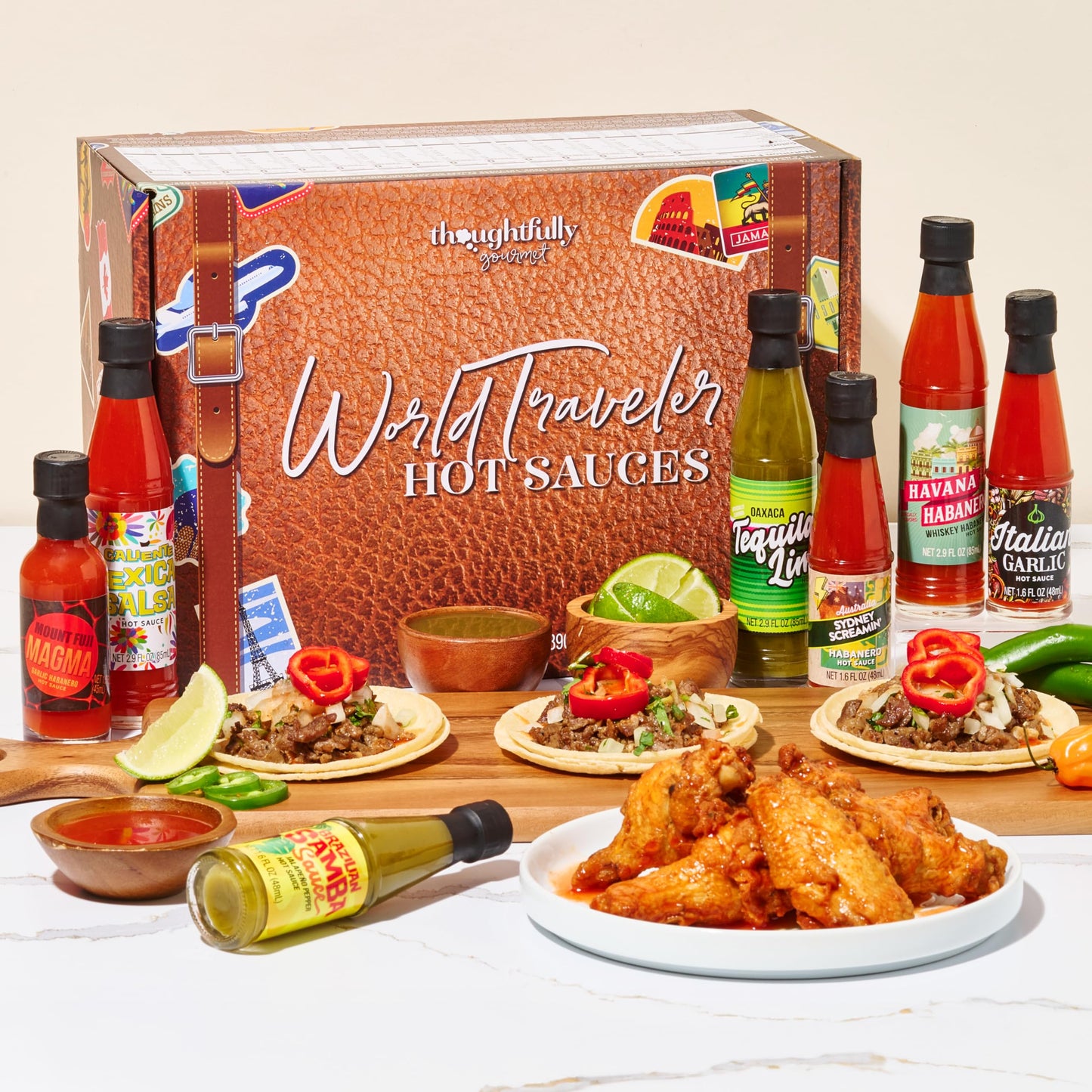 Thoughtfully Gourmet World Traveler Suitcase Hot Sauce Gift Set, Vegan, 15 Pack of 3 Fl Oz Bottles