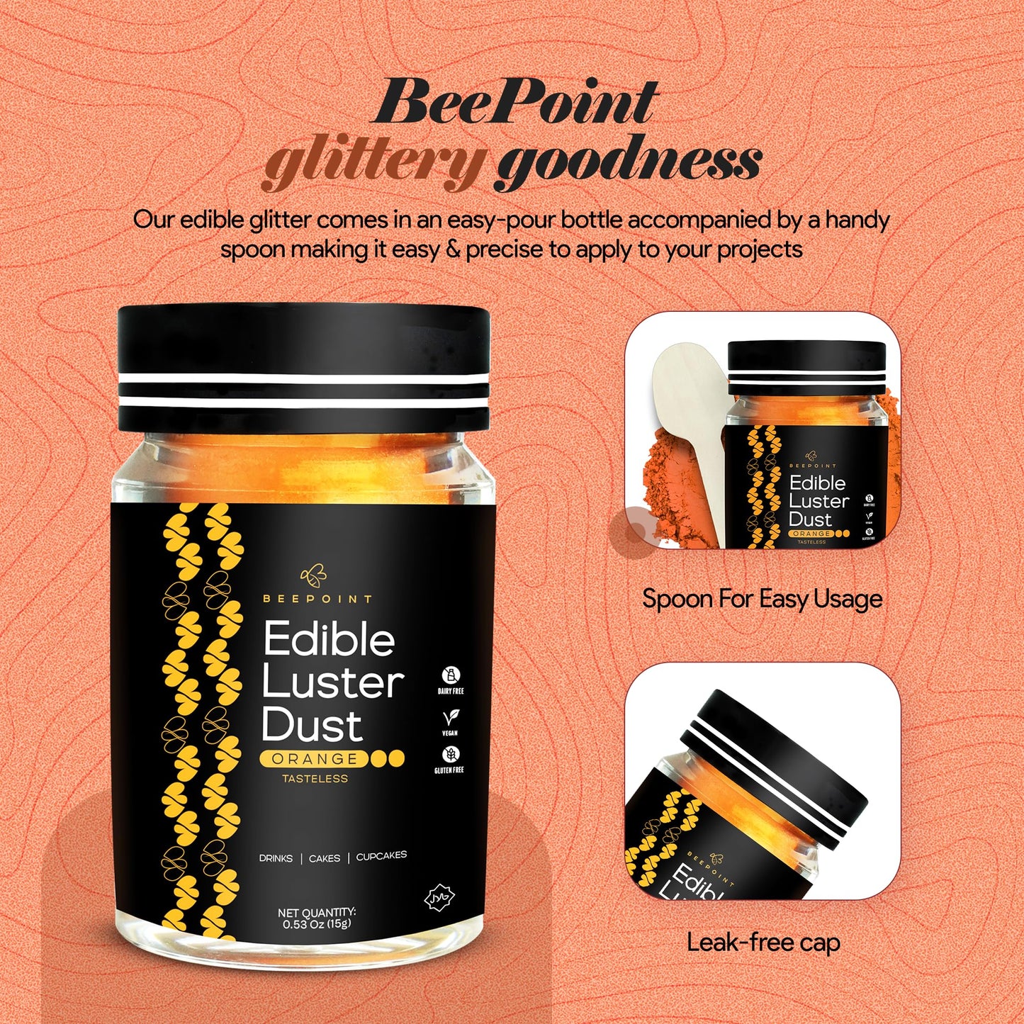 BeePoint Edible Glitter Luster Dust - Food Grade Shimmer Powder, 15g, Orange, Vegan & Gluten Free for Baking, Cocktails, and Decorating