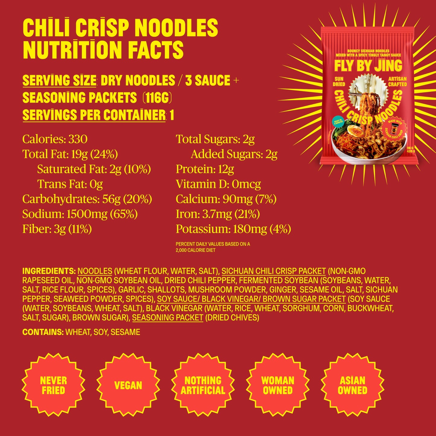 FLYBYJING Chili Crisp Noodles - Sun-Dried  Wavy Asian Instant Noodles Tossed in Sichuan Chili Crisp Sauce - Ready in 6 Minutes - Vegan  High Protein  No MSG  4.02 oz (Pack of 6)