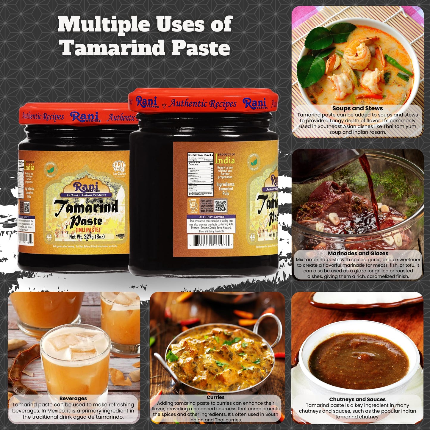 Rani Tamarind Paste Puree (Imli) 8oz (227g) Glass Jar, No added sugar ~ All Natural | Vegan | Gluten Free | No Colors | NON-GMO