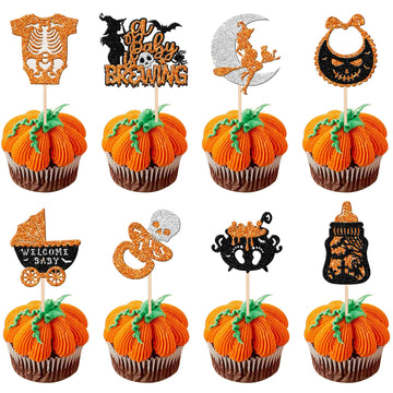 32 Pcs Halloween Baby Shower Cupcake Toppers Glitter Welcome Baby Carriage Bottle A Baby Is Brewing Cupcake Picks For Halloween