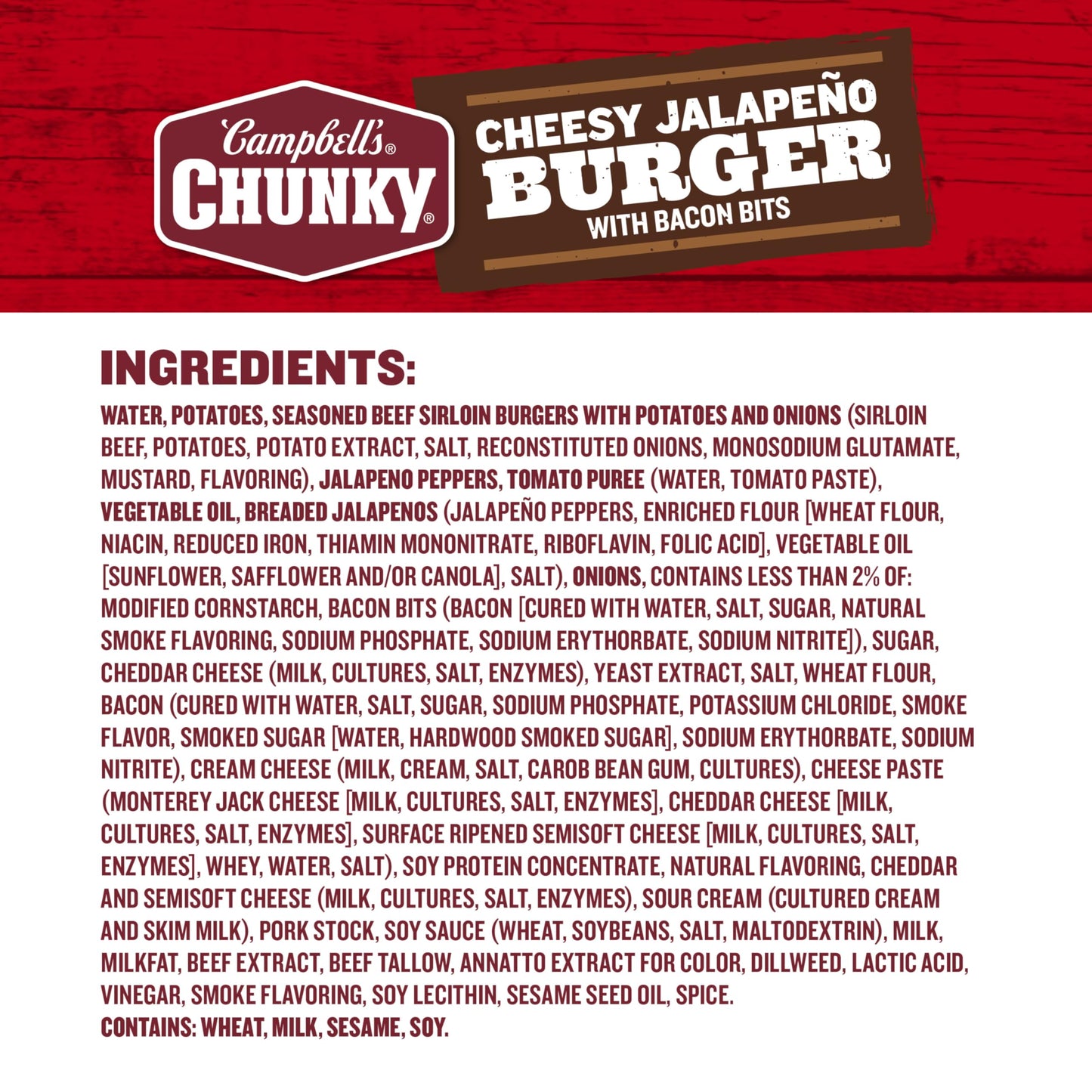 Campbells Chunky Soup, Cheesy Jalapeo Burger With Bacon Bits, 18.8 Oz Can