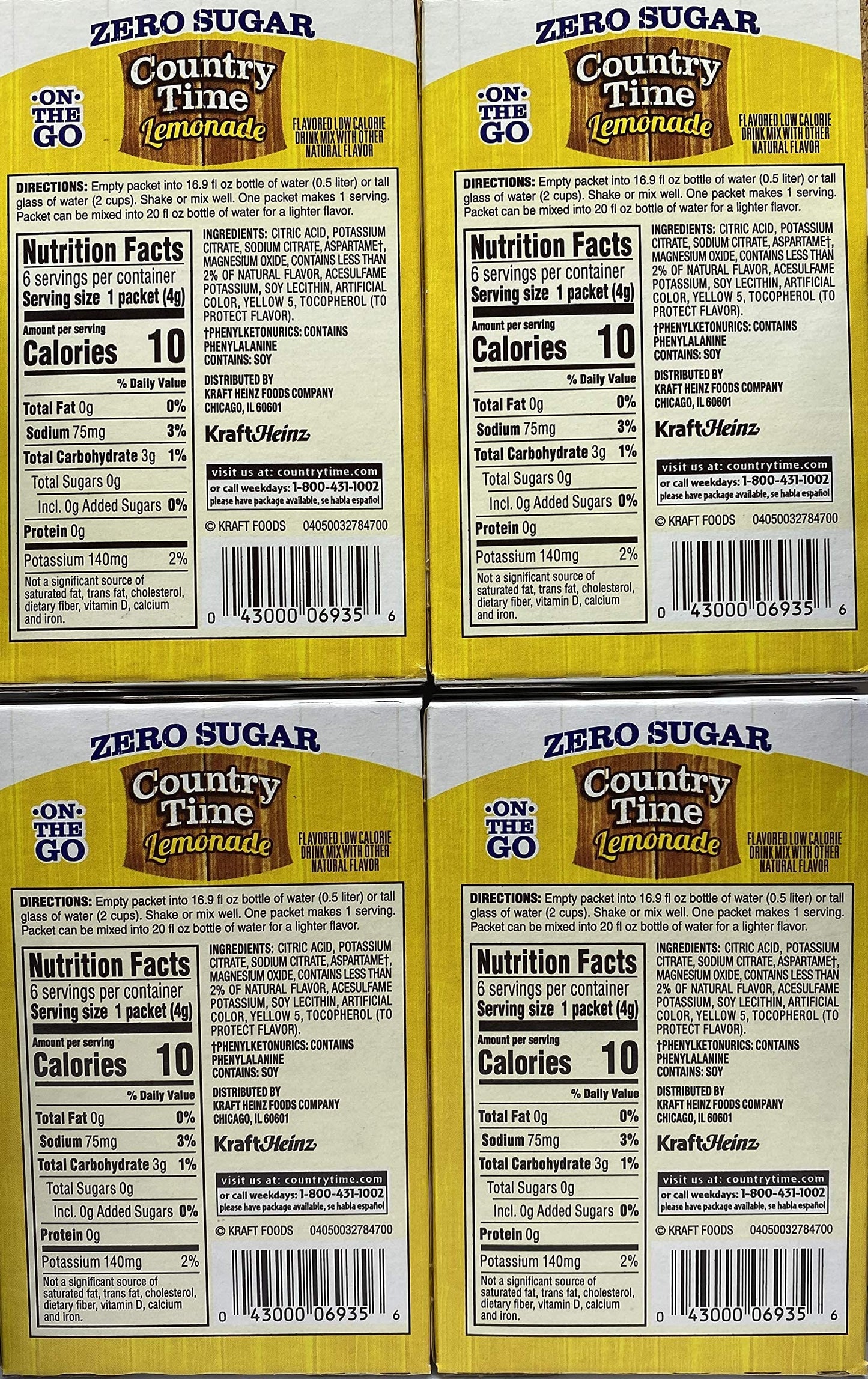 Country Time Lemonade Sugar Free On-the-Go Powder, 6 Packets, Gluten Free, 0.83 Ounce (Pack of 4), Yellow, Model SUVELAM
