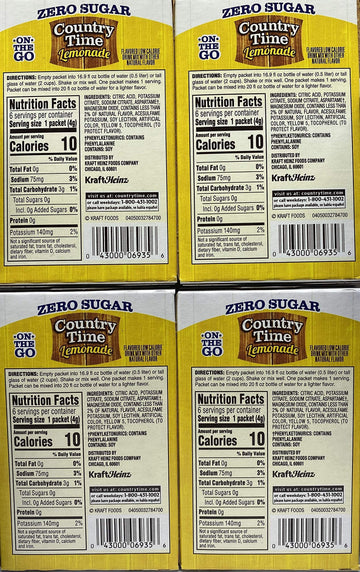 Country Time Lemonade Sugar Free On-the-Go Powder, 6 Packets, Gluten Free, 0.83 Ounce (Pack of 4), Yellow, Model SUVELAM
