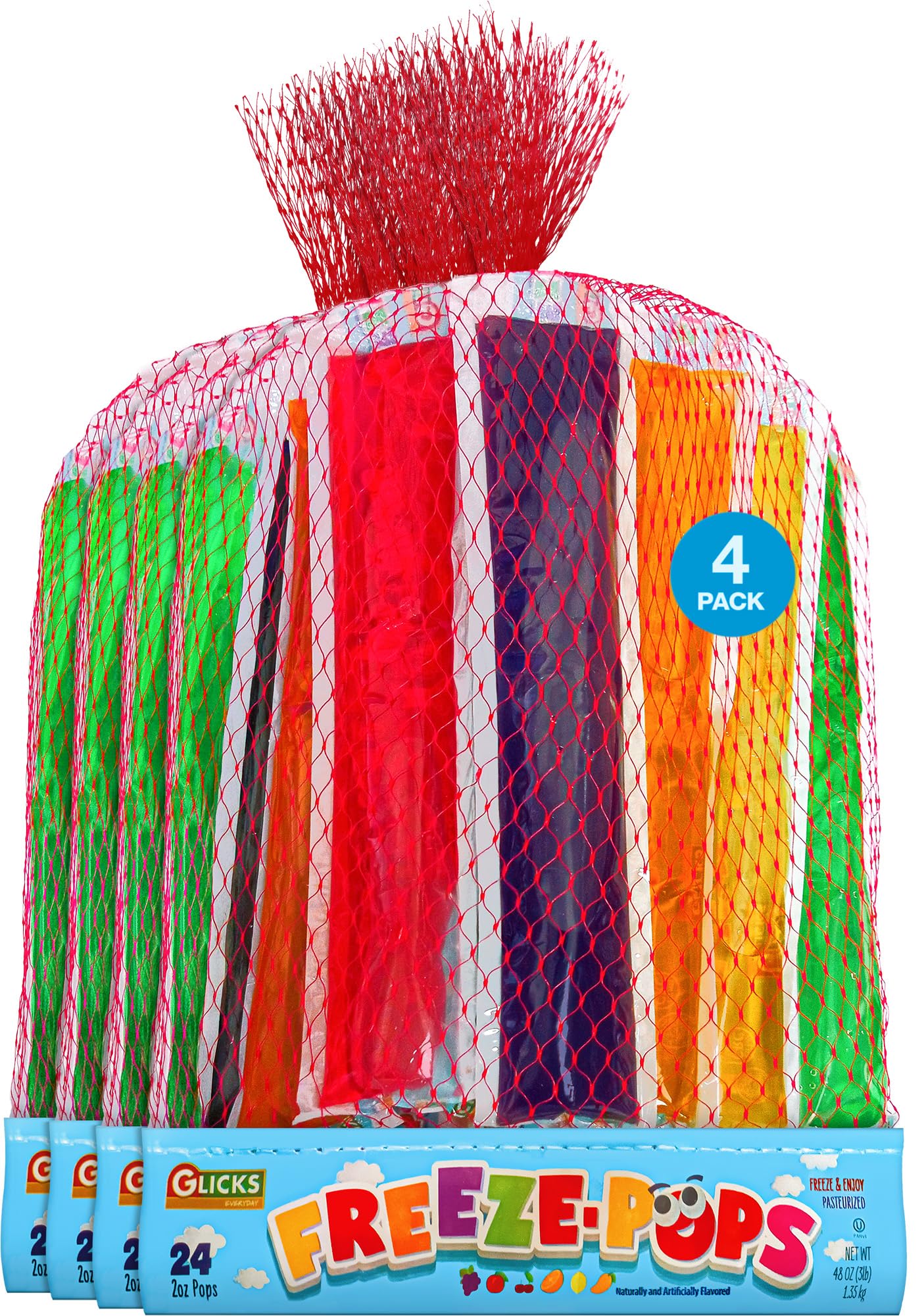 Glicks Freeze Pop Assorted Flavors, Low Calorie Frozen Ice Pops, 96 Count
