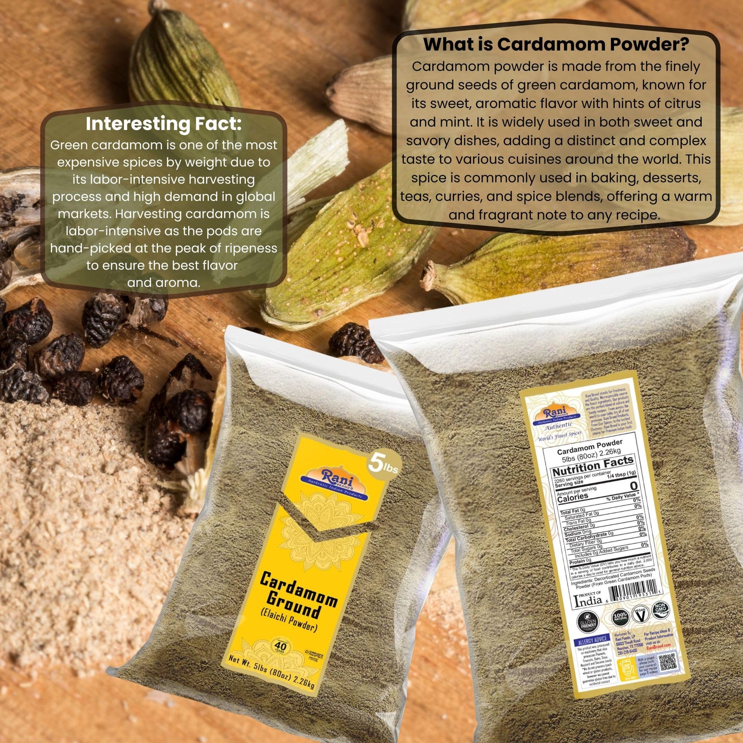 Rani Cardamom (Elachi) Ground, Powder Indian Spice 80Oz (5Lbs) 2.27Kg Bulk ~ All Natural | No Color Added | Gluten Friendly | Ve