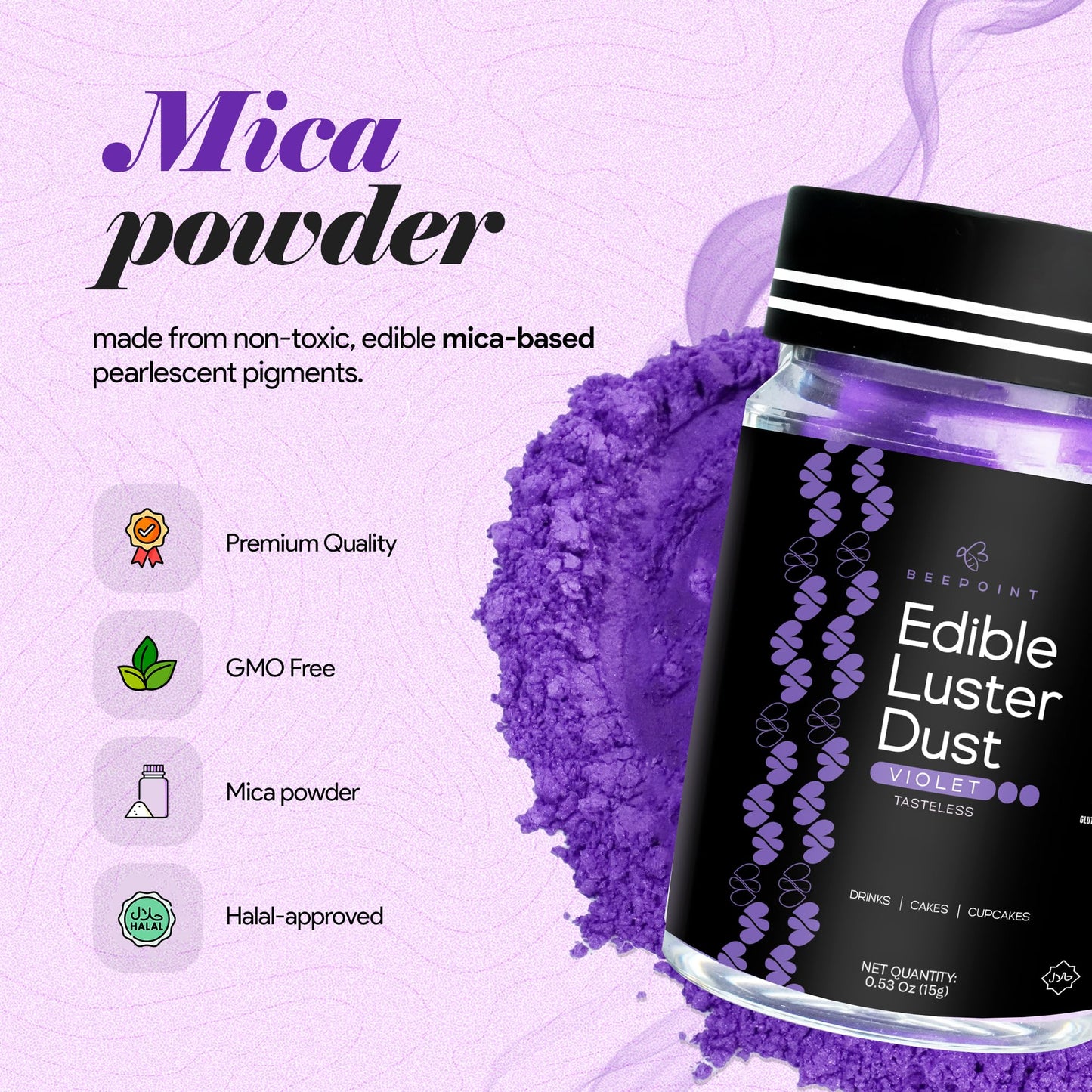 BeePoint Edible Glitter Luster Dust - Violet, 15g Food Grade Shimmer Powder for Baking, Cocktails, Cakes, Sweets, Vegan & Gluten Free