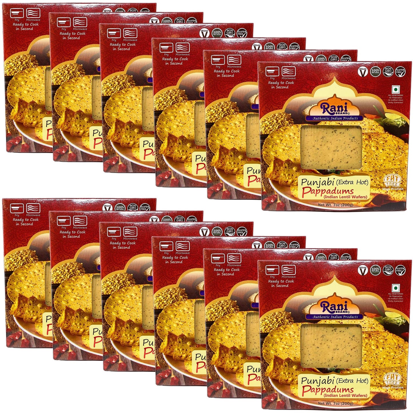 Rani Pappadums (Indian Lentil Wafer Snack) Punjabi Papad - Extra Hot, 7oz (200g) Approximately 15pc, 7 inches, Pack of 12 ~ All 