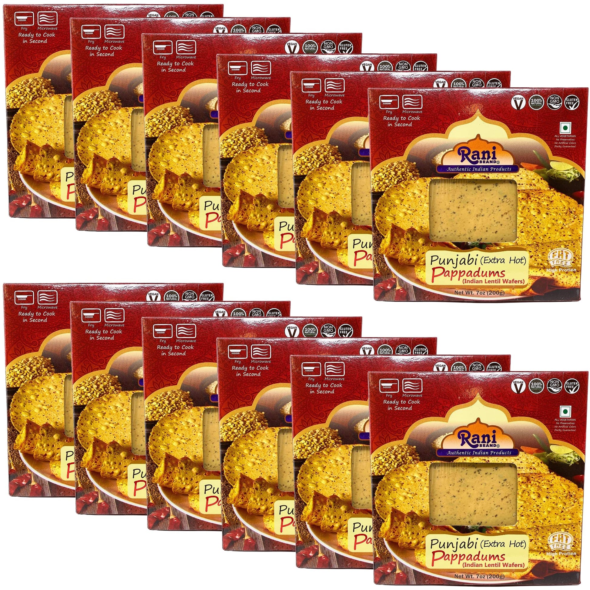 Rani Pappadums (Indian Lentil Wafer Snack) Punjabi Papad - Extra Hot, 7oz (200g) Approximately 15pc, 7 inches, Pack of 12 ~ All 