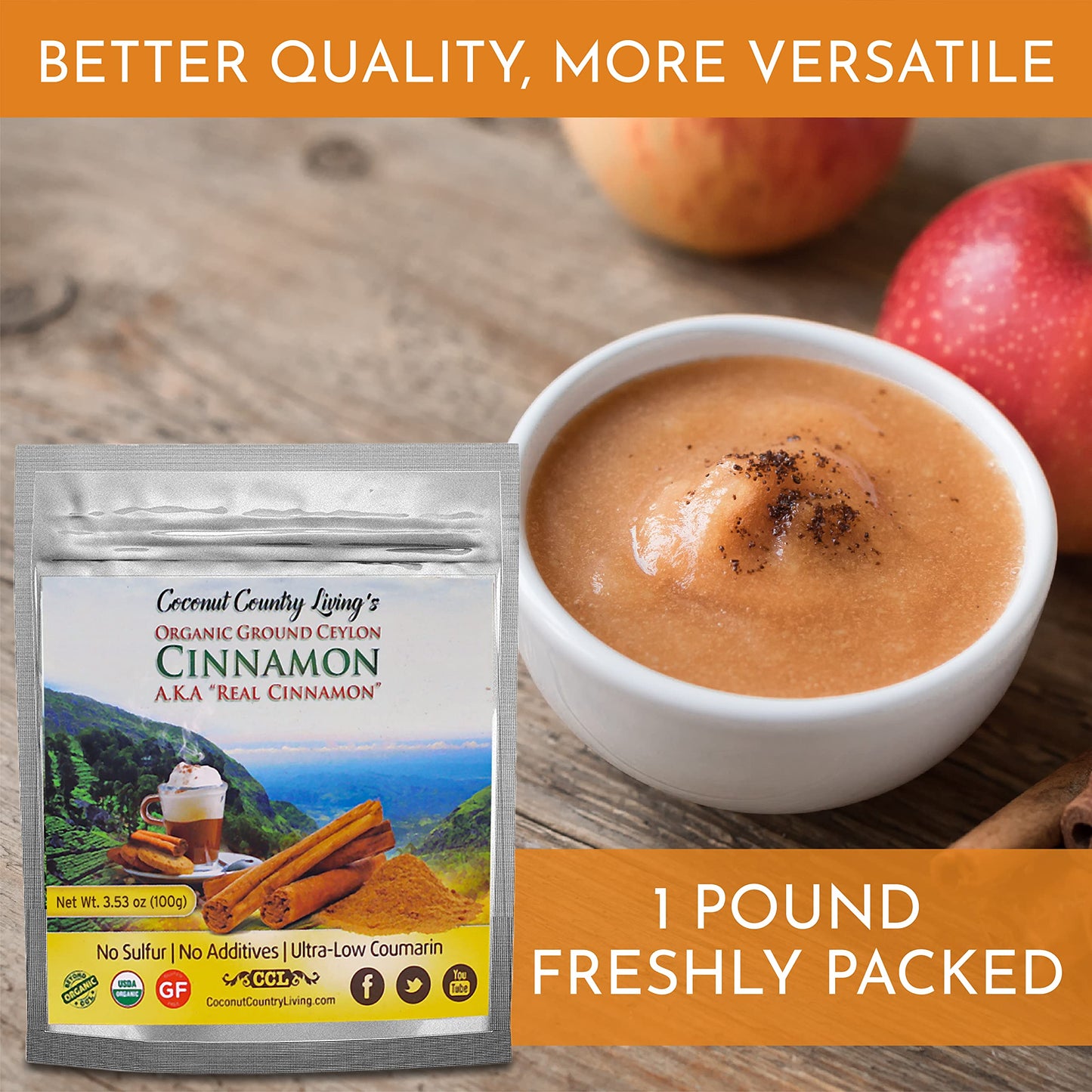 Organic Ceylon Cinnamon Powder 1 Lb - True Raw Ground Sri Lanka Cinnamon Powder - Enhanced Grade Mild, Naturally Sweet Spice For Health & Food - W/Ebook