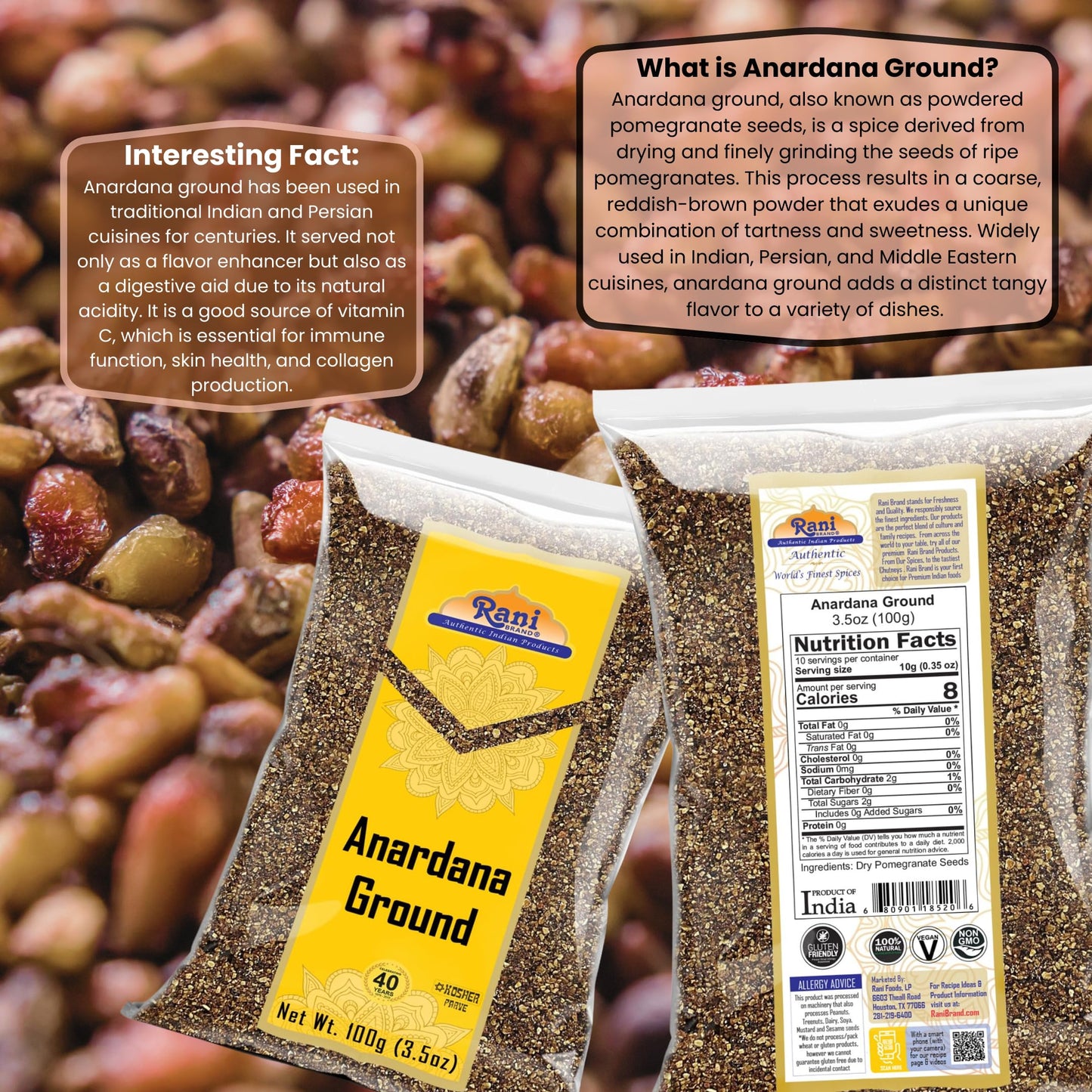 Rani Anardana (Pomegranate) Ground, Indian Spice 3.5Oz (100G) ~ All Natural | No Color | Gluten Friendly | Vegan | Non-Gmo | Kosher | No Salt Or Fillers