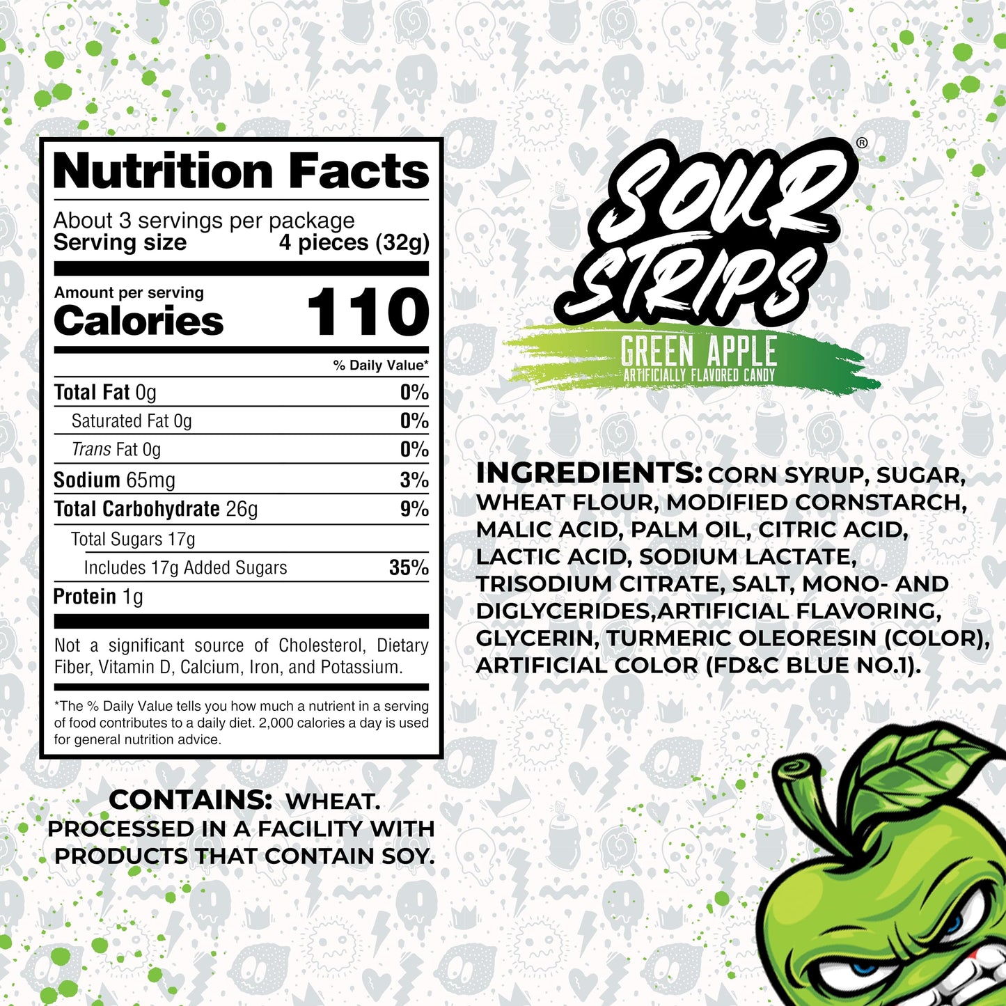 SOUR STRIPS Sour Candy Strips, Chewy Vegetarian Candies, Green Apple Flavor, 3-Pack