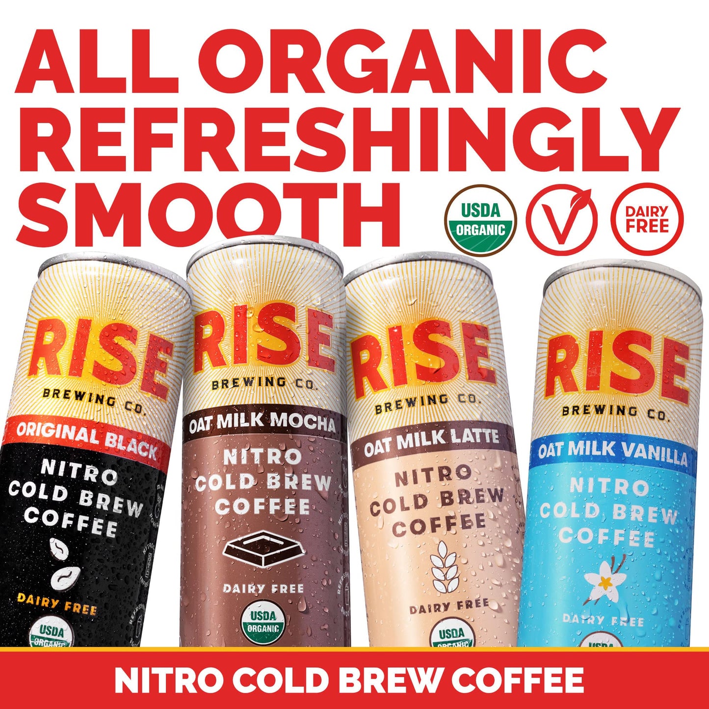 Rise Brewing Co. Nitro Cold Brew Coffee, Organic, Non-Gmo, Clean Energy & Low Acidity, 3X Original Black, Oat Milk Latte, Oat Milk Mocha & Oat Milk Vanilla, 7 Fl. Oz. Cans (12 Pack)