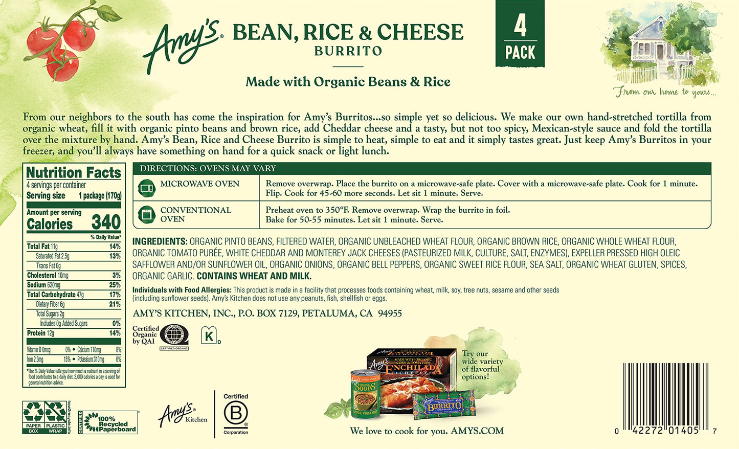 Amys Burrito, Made with Organic Bean, Cheese & Rice - 6.0 oz (Pack of 4)