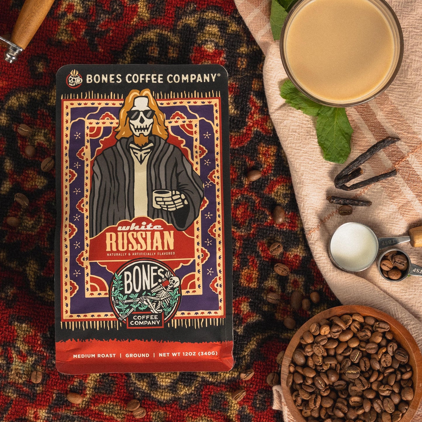 Bones Coffee Company White Russian Whole Coffee Beans, Low Acid Flavored Coffee, Made With Arabica Coffee Beans, Medium Roast Go