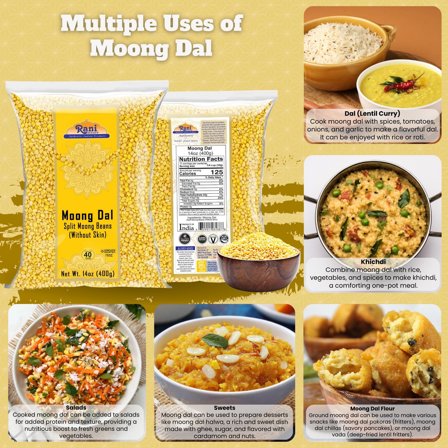 Rani Moong Dal (Split Mung Beans Without Skin) Lentils Indian 14Oz (400G) ~ All Natural | Gluten Friendly | Non-Gmo | Kosher | V