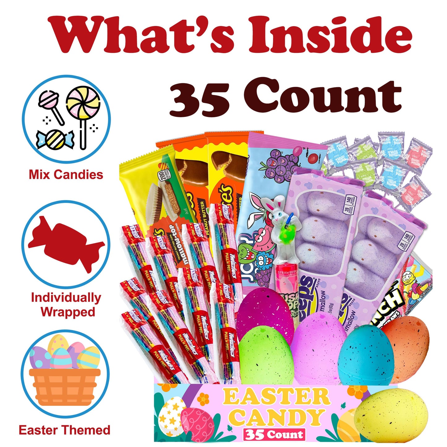 Partypom Filled Easter Baskets for Kids - 35 Count   Assortment with Candy Snacks and Chocolate - Easter Gift Food Box