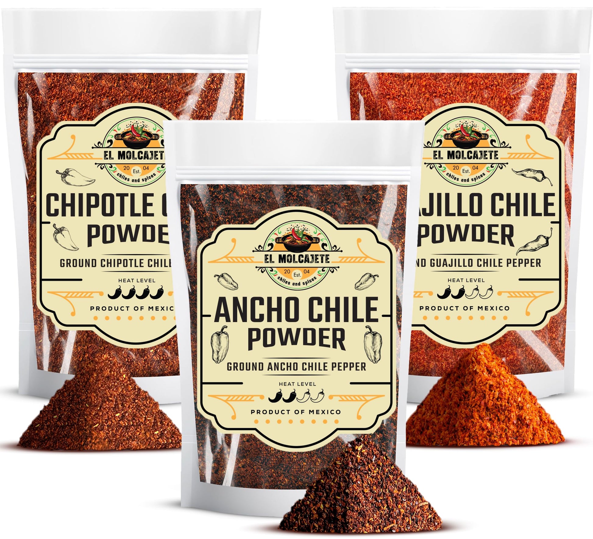 Chile Powder Ancho  Guajillo  Chipotle Variety Pack 4Oz Each - Traditional Mexican Chili Powders - Bold  Authentic Flavors For Sauces  Marinades  And Rubs - By El Molcajete