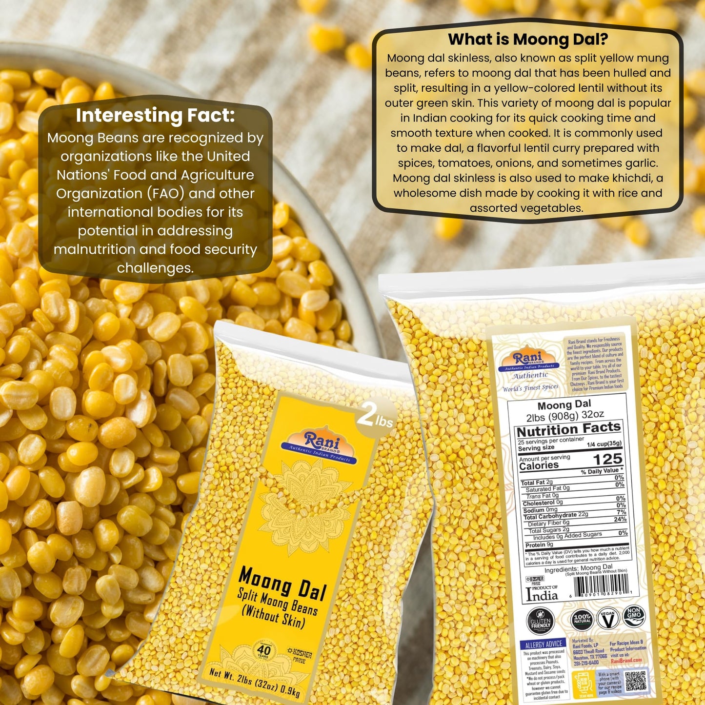 Rani Moong Dal (Split Mung Beans Without Skin) Lentils Indian 32oz (2lbs) 908g ~ All Natural | Gluten Friendly | Non-GMO | Vegan